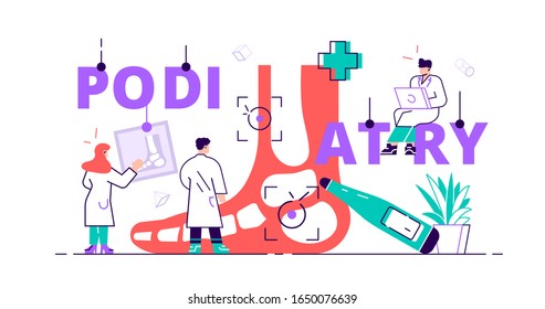 Podiatrist concept. Feet toe trauma, pathology and illness discomfort treatment with examination, surgery or procedures. Tiny foot, ankle and lower extremity disease persons. Flat vector illustration