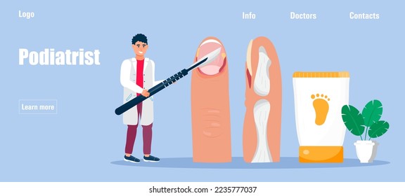 Vector de concepto podiatrista para la página de aterrizaje médico.  Vector conceptual de paronicia para blog médico, aplicación, pancarta. Inflamación de las uñas que puede resultar de trauma, irritación o infección. 