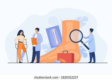 Podiatrist Examining Ankle And Foot Of Female Patient. Woman On Crutches With Plaster On Leg Consulting Doctor With X Ray. Vector Illustration For Treatment, Podiatry, Disease, Health Care Concept