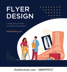 Podiatrist examining ankle and foot of female patient. Woman on crutches with plaster on leg consulting doctor with X ray. Vector illustration for treatment, podiatry, disease, health care concept