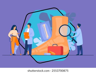 Podiatrist examining ankle and foot of female patient. Woman on crutches with plaster on leg consulting doctor with X ray. Vector illustration for treatment, podiatry, disease, health care concept