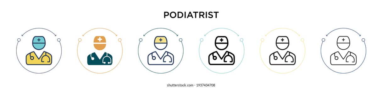 Podiatrist icon in filled, thin line, outline and stroke style. Vector illustration of two colored and black podiatrist vector icons designs can be used for mobile, ui, web