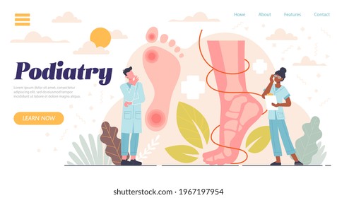 La podiatría como rama de la ciencia médica. Pie, pierna, extremidad inferior y tratamiento del tobillo. Tratamiento quirúrgico de los trastornos. Resumen del lugar de inspección y diagnóstico del paciente. Ilustración vectorial plana