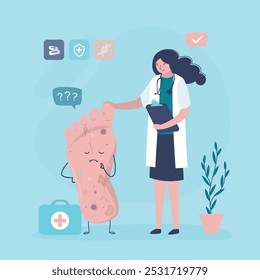 Podiatry as a branch of medical science. Foot, leg, lower extremity and ankle treatment. Woman doctor and sick footstep mascot. Treatment, inspection and diagnosis scene. Flat vector illustration