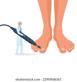 Podiatry concept. Feet treatment. Hardware medical pedicure. Nail cleaning apparatus. Patient on pedicure with pediatrician chiropodist. Clinic podology. Cosmetics of nails of legs. Vector design flat