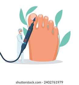 Podiatry concept. Feet treatment. Hardware medical pedicure. Nail cleaning apparatus. Patient on pedicure with pediatrician chiropodist. Clinic podology. Cosmetics of nails of legs. Vector design flat