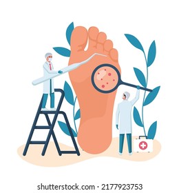 Podiatry concept. Landing Page feet treatment. Doctors podiatrists inspect and treat the feet. Pathology and Illness treatment. Clinic podology. Vector illustration flat design. 