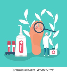 Podiatry concept. Landing Page feet treatment. Doctors podiatrists inspect and treat the feet. Pathology and Illness treatment. Clinic podology. Vector illustration flat design. 
