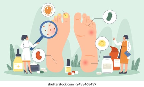 Podiatry concept. Nail and foot disease, medical treatment. Tiny doctors or scientists looking on feet with problems, snugly diagnosis vector scene