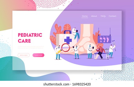 Podiatry Landing Page Template. Doctors Podiatrists Character Examine Foot, Ankle and Lower Extremity Disease. Feet Toe Trauma, Pathology and Illness Treatment. Cartoon People Vector Illustration