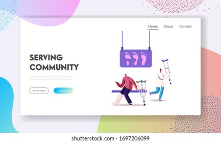 Podiatry Landing Page Template. Invalid Handicapped Man Character Stand on Crutches Visiting Orthopedy or Clinic or Hospital Communicate with Doctor Orthopedist. Cartoon People Vector Illustration