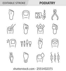 Coleção de linhas podóticas. Podologia definida com sola, máquina de pedicura, calo, unha encravada, fungo ungueal, dedo do pé, nippers. Traçado editável. Ilustração vetorial.