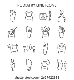 Podiatry line icon set. Podology collection with sole, toe, pedicure machine, callus, ingrown toenail, nail fungus, nippers. Vector illustration.