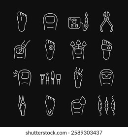 Podiatry line white icon set on black background. Podology collection with sole, toe, pedicure machine, callus, ingrown toenail, nail fungus, nippers. Editable stroke. Vector illustration.