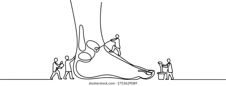 Podiatry as medicine brunch devoted to foot, leg, lower extremity and ankle tiny persons concept. one line Art icon drawing vector
