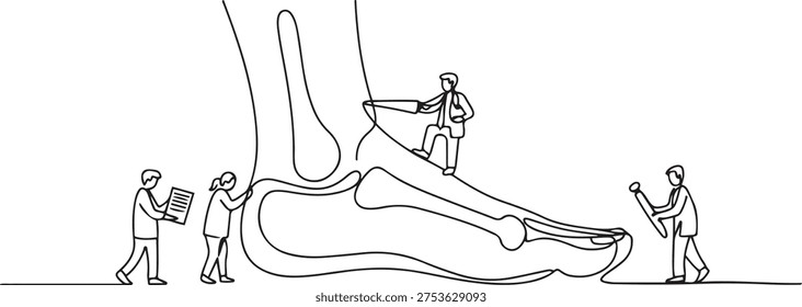Podiatry as medicine brunch devoted to foot, leg, lower extremity and ankle tiny persons concept. one line Art icon drawing vector
