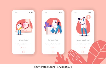 Podiatry Mobile App Page Onboard Screen Template. Tiny Doctor Podiatrist Character Examine Huge Foot, Ankle and Lower Extremity Disease, Health Care Concept. Cartoon People Vector Illustration