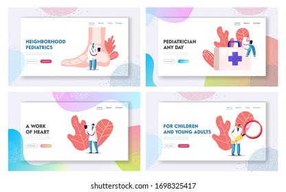 Podiatry and Pediatrics Health Care Medicine Landing Page Template Set. Doctors and Nurses Characters with Medical Equipment Magnifier and Tool Box, Huge Foot. Cartoon People Vector Illustration