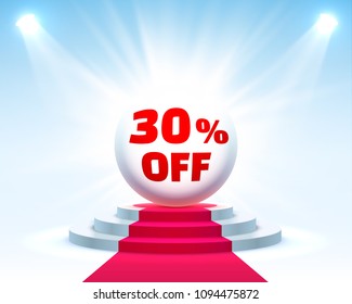 Podium 30 off with share discount percentage. Vector illustration