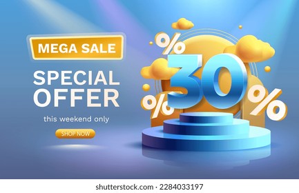 Podium 30 percentage business poster, discount banner offer. Vector illustration