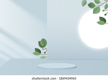 Podium 3d abstract minimal scene with leaf geometric platform. Background vector rendering with podium. Cylinder to show cosmetic products. Stage showcase on pedestal modern 3d studio blue pastel