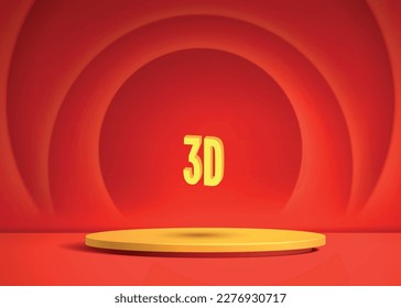 Podium 3D abstract vector illustration studio room. Yellow geometric platform with red circle overlap background. Modern minimal scene for demonstration of cosmetic products.