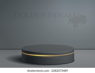 Sala de estudio de ilustración vectorial abstracta de podio 3D. Plataforma geométrica negra sobre fondo negro. Escena mínima moderna para la demostración de productos cosméticos.