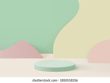 podium 3d background minimal scene with geometric platform. background vector 3d rendering with podium. podium to show cosmetic products. Stage showcase on pedestal modern 3d studio green pastel