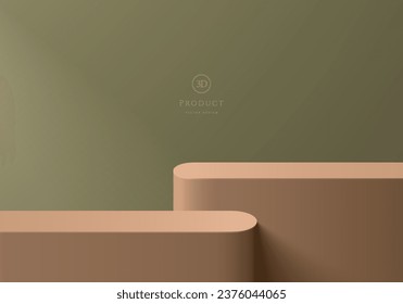 Podium 3D background with realistic round stand product display set in brown and green color. Platforms mockup product display presentation. Abstract composition in minimal design. Stage showcase.