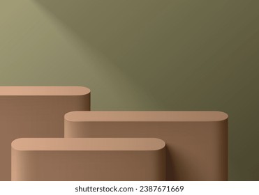 Podium 3D background with realistic round stand product display set in brown and green color. Platforms mockup product display presentation. Abstract composition in minimal design. Stage showcase.