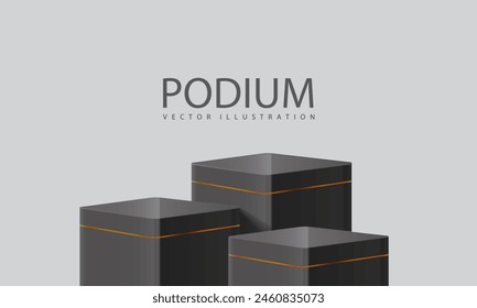 Podium 3D black glossy gold line steps dim light on grey design for product display showroom promotion vector illustration.