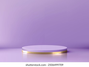 Podium 3D Circular Purple Scene with Gold Band, Minimalist Luxury Product Display Mockup for Showroom and Showcase