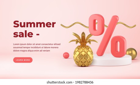 Podium with 3d discount percentages and golden pineapple vector banner template. Yellow sales luxury interior items on blue background. Golden decorations with white bright pedestal of colored balls.