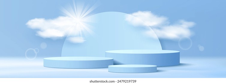 Podium 3D display blue color, banner design on cloud and sky with the sun shines blue background, EPS 10 vector illustration