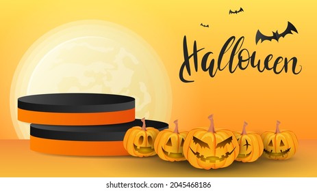 Podium 3d illustration template with Group of ghost pumpkins with different faces on Halloween night with full moon and bat . for content online or web, banner and template , illustration Vector EPS
