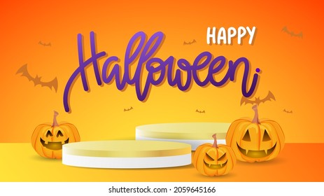 Podium 3d illustration template with Group of ghost pumpkins with different faces on Halloween night with bat . for content online or web, banner and template , illustration Vector EPS