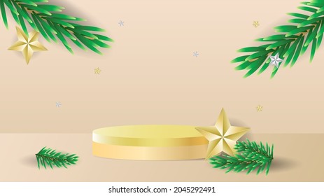 Podium 3d illustration template with pine tree and star, Christmas elements on color background, for online content in Christmas holiday, illustration Vector EPS 10