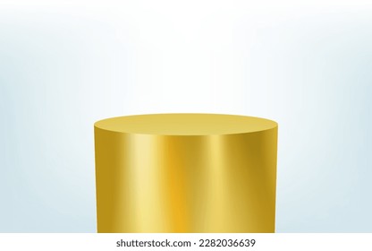 Podium 3D platform, gold steel cylinder for product stand display, vector metal shelf. Golden podium or yellow column pillar and round pedestal base background for luxury product display