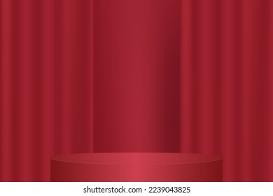 Podium with 3D red circle. A red velvet curtain and a stage pedestal. 3d vector background illustration. A modern platform for rendering product layouts. Drapery fabric and stand.