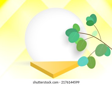  podium 3d show poduct ,presenting natural Impressive presentations background works triangle yellow Contrasting with attractive white, highlighting the leaves that are  attractive to look at.