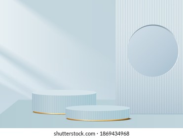 Podium 3d showcase minimal scene with geometric platform. cylinder background vector 3d rendering with podium. stand for cosmetic products. Stage showcase on pedestal abstract 3d studio blue pastel