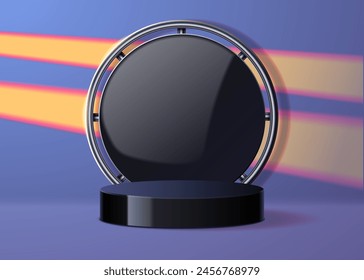 Podium im 3D-Stil mit runder schwarzer Kulisse und Beleuchtung. Vektorillustration.
