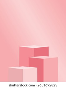 Podium im 3D-Stil. Kosmetikprodukt mit Standanzeige. Drei rosa Display im realistischen Luxus-Stil. Leerer Platz für Text und Produkte. Vektorgrafik.