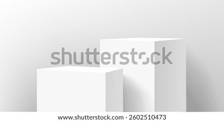 Podium in 3D style. Stand display cosmetic product. Three white display in realistic luxury style. Empty space for placing text and products. Vector illustration.
