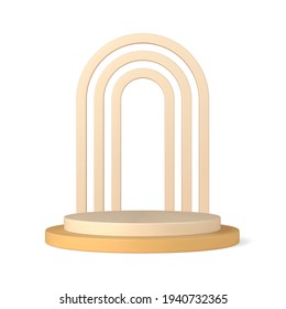 Podium 3d with triple openwork arch vector template. Exhibition pastel color for presentations with white round hoop. Performance ceremony decoration with empty space and trendy bright lighting.