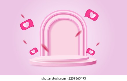 Podium 3d Valentine's Day scene design. Concept of surprise and sending love.