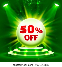 Podium 50 off with share discount percentage. Vector illustration