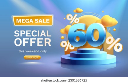 Afiche comercial de 60 puntos porcentuales, oferta de banner de descuento. Ilustración del vector