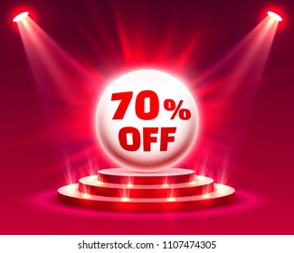 Podium 70 off with share discount percentage. Vector illustration