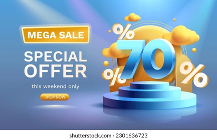 Podium 70 percentage business poster, discount banner offer. Vector illustration